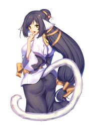 Rule 34 | 1girl, absurdly long hair, absurdres, ainu clothes, animal ears, aquaplus, ass, ass focus, black hair, blush, breasts, cat tail, dress, female focus, from behind, hair ornament, highres, kuon (utawarerumono), layered sleeves, long hair, long sleeves, looking at viewer, looking back, open mouth, orange eyes, ponytail, raised eyebrows, sidelocks, small breasts, solo, tail, utawarerumono, utawarerumono: itsuwari no kamen, very long hair, white tail