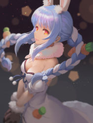 Rule 34 | 1girl, animal ear fluff, animal ears, bare shoulders, blue hair, blurry, blush, bokeh, bow, braid, breasts, carrot hair ornament, cleavage, cowboy shot, depth of field, detached sleeves, don-chan (usada pekora), dress, food-themed hair ornament, from side, fur, fur-trimmed gloves, fur trim, gloves, hair bow, hair ornament, hololive, long hair, looking at viewer, medium breasts, multicolored hair, pom pom (clothes), rabbit ears, rabbit girl, scarf, sidelocks, smile, thick eyebrows, tienao, twin braids, two-tone hair, usada pekora, usada pekora (1st costume), v arms, virtual youtuber, white dress, white hair