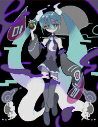 Rule 34 | 1girl, aqua hair, bare shoulders, black background, candle, closed mouth, commentary, creatures (company), detached arm, detached legs, detached sleeves, dusk ball, expressionless, floating, game freak, ghost miku (project voltage), glitch, grey skirt, grey sleeves, grey thighhighs, hair between eyes, half-closed eyes, hand up, hatsune miku, highres, holding, holding poke ball, long hair, looking at viewer, multicolored hair, necktie, nintendo, pale skin, poke ball, pokemon, project voltage, purple shirt, see-through, see-through skirt, shirt, skirt, sleeves past fingers, sleeves past wrists, solo, symbol-only commentary, tabun ningen, thighhighs, twintails, very long hair, vocaloid, white hair, white necktie, will-o&#039;-the-wisp (mythology), yellow eyes
