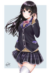 Rule 34 | 1girl, artist name, black hair, black jacket, blazer, blue background, blue eyes, blush, bow, bowtie, braid, dated, hair ornament, hairclip, hand up, highres, jacket, long hair, long sleeves, looking at viewer, nakura haru, nijisanji, pink bow, pink bowtie, plaid, plaid skirt, school uniform, simple background, skirt, smile, solo, standing, thighhighs, tsukino mito, tsukino mito (1st costume), virtual youtuber