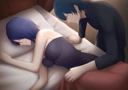 Rule 34 | 1boy, 1girl, absurdres, alternate costume, bare shoulders, bed sheet, black pants, black shirt, blue eyes, blue hair, bodice, breasts, byleth (fire emblem), byleth (male) (fire emblem), closed eyes, closed mouth, commentary request, fire emblem, fire emblem: three houses, furo atsushi, highres, indoors, long sleeves, looking at another, lying, medium breasts, nintendo, on bed, pants, pillow, profile, purple hair, shamir nevrand, shirt, short hair, sleeping, smile, strapless, strapless shirt, under covers