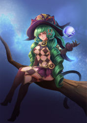 Rule 34 | 1girl, black gloves, black hat, breasts, cat tail, closed mouth, commentary request, drill hair, fiore brunelli, gloves, green hair, hair ornament, hat, highres, long hair, looking at viewer, makeup, miniskirt, revealing clothes, riyu (gauzama), skirt, smile, solo, star ocean, star ocean integrity and faithlessness, tail, twin drills, witch hat, yellow eyes