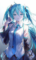 Rule 34 | 1girl, absurdres, arm at side, arm tattoo, bare shoulders, black skirt, blue eyes, blue hair, blue necktie, blush, collared shirt, cowboy shot, detached sleeves, gradient background, grey background, hand up, hatsune miku, highres, irohatomo, long hair, long sleeves, looking at viewer, miniskirt, necktie, number tattoo, parted lips, shirt, skirt, smile, solo, tattoo, twintails, very long hair, vocaloid, white shirt
