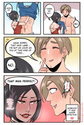 Rule 34 | 1boy, 1girl, abs, ada wong, artist name, black hair, blue eyes, blue shirt, blush, brown eyes, brown hair, choker, comic, commentary, dangerousbride, english text, heart, heart-shaped pupils, heavy breathing, hetero, highres, leon s. kennedy, muscular, muscular male, navel, parted lips, pectorals, red lips, resident evil, resident evil 2, shirt, short hair, smile, sweatdrop, symbol-shaped pupils, topless male, triangle mouth, undressing another