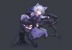 Rule 34 | 1girl, absurdres, animal ears, arknights, black footwear, boots, bow (weapon), braid, breasts, commentary, crossbow, drop shadow, gloves, grey background, hair between eyes, highres, holding, holding bow (weapon), holding crossbow, holding weapon, large breasts, long hair, medium breasts, miyu (miyumausi), pointing, provence (arknights), purple hair, rhodes island logo (arknights), simple background, single braid, solo, tail, thighs, trigger discipline, weapon, wolf ears, wolf tail, yellow eyes