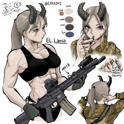 Rule 34 | 1girl, abs, absurdres, ar-15, assault rifle, blue eyes, cigarette, epakim, gloves, gun, hand tattoo, highres, holding, holding weapon, horns, looking at viewer, looking to the side, mk 18 carbine, muscular, muscular female, original, ponytail, rifle, scar, scar across eye, smoking, solo, sports bra, tattoo, toned, weapon, white background