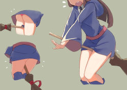 Rule 34 | 10s, 1girl, absurdres, ass, blush, boots, broom, broom riding, brown hair, collared shirt, cropped legs, dress, flying sweatdrops, from below, head out of frame, highres, hood, hood down, kagari atsuko, kion-kun, legs together, little witch academia, long hair, multiple views, open mouth, panties, pink panties, sash, shirt, short dress, thighs, underwear, upskirt, wide sleeves