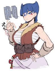 Rule 34 | 1girl, arm warmers, ball busting, bandages, bdsm, blue eyes, blue hair, blunt bangs, breasts, brown bag, brown vest, castration, cbt, chest sarashi, clenched hand, coin (pokemon), commentary request, creatures (company), crushing, facepaint, game freak, hand on own hip, hand up, highres, japanese text, large breasts, nintendo, poke ball, pokemon, pokemon legends: arceus, sarashi, short hair, simple background, solo, spacezin, speech bubble, testicles, translation request, vest, white background