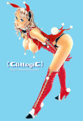 Rule 34 | 1girl, animal ears, bell, blue background, blue eyes, boots, breasts, breasts out, clitlogic, copyright name, fake animal ears, full body, high heel boots, high heels, jingle bell, kneehighs, large breasts, legs, leotard, long hair, looking at viewer, mihoto kouji, nipple piercing, nipple rings, nipples, open mouth, piercing, pinup (style), playboy bunny, rabbit, rabbit ears, rabbit tail, santa costume, shoes, simple background, socks, solo, tail, thighhighs, watermark, web address