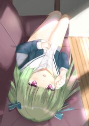 Rule 34 | 1girl, :d, aqua jacket, blue ribbon, blunt bangs, blunt ends, blush, commentary, convenient arm, couch, dress shirt, eyes visible through hair, foreshortening, green hair, hair ribbon, hair spread out, hand up, highres, indoors, jacket, long hair, long sleeves, looking at viewer, lying, murasame (senren), no pants, on back, on couch, open mouth, red eyes, ribbon, school uniform, senren banka, shirt, sidelighting, sidelocks, smile, solo, straight hair, thighs, two side up, uniform, very long hair, white shirt, yondomizu