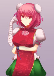 Rule 34 | 1girl, bandaged arm, bandages, blouse, breast hold, breasts, chinese clothes, double bun, green skirt, highres, ibaraki kasen, kaamira, large breasts, miniskirt, pink eyes, pink hair, puffy short sleeves, puffy sleeves, shirt, short sleeves, sketch, skirt, smile, solo, tabard, touhou, white shirt