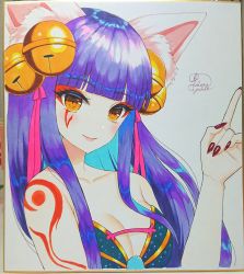 Rule 34 | 1girl, animal ear fluff, animal ears, artist name, bare shoulders, bell, blue hair, breasts, cleavage, closed mouth, collarbone, colored inner hair, daji (monster strike), eyeshadow, facial mark, hair bell, hair ornament, hair ribbon, hand up, highres, index finger raised, kohanayuki, long hair, looking at viewer, makeup, medium breasts, monster strike, multicolored hair, nail polish, pink ribbon, purple hair, red nails, ribbon, sidelocks, signature, smile, solo, strapless, traditional media, two-tone hair, upper body, yellow eyes