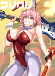 Rule 34 | 1girl, animal ears, armpits, bare shoulders, bass guitar, bow, bowtie, breasts, cleavage, clenched teeth, copyright name, covered navel, cowboy shot, detached collar, earrings, fake animal ears, fake tail, female focus, flcl, groin, guitar, haruhara haruko, highres, holding, holding instrument, instrument, jewelry, large breasts, legs, leotard, looking at viewer, pantyhose, pink hair, playboy bunny, puripuri jet, rabbit ears, rabbit tail, red leotard, short hair, smile, solo, standing, tail, teeth, thighs, wrist cuffs, yellow eyes