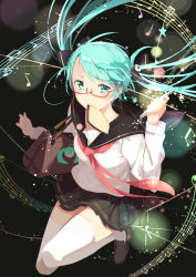 Rule 34 | 1girl, absurdres, aqua eyes, aqua hair, bad id, bad pixiv id, bag, beamed quavers, bespectacled, floating hair, glasses, hatsune miku, highres, loafers, long hair, mouth hold, musical note, pleated skirt, quaver, school uniform, serafuku, shingetsu mk, shoes, skirt, solo, staff (music), thighhighs, treble clef, twintails, vocaloid