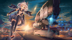 Rule 34 | 1girl, aircraft, black thighhighs, blonde hair, blush, breasts, cleavage, cloud, dress, fangxiang cuoluan, green eyes, headgear, highres, lens flare, looking at viewer, mecha musume, mechanical wings, navel, open clothes, original, short hair, sky, small breasts, smile, solo, tail, thighhighs, wings