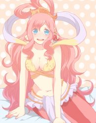 Rule 34 | 1boy, 1girl, blue eyes, breasts, cleavage, fishman island, giant, hat, indian style, long hair, mermaid, monkey d. luffy, monster girl, moppu16, one piece, pink hair, princess, red shirt, shirahoshi, shirt, shorts, sitting, size difference, smile, straw hat