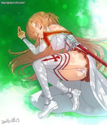 Rule 34 | 10s, 1girl, 2016, armor, ass, asuna (sao), bare shoulders, blush, boots, braid, breastplate, breasts, brown hair, cameltoe, crotch, dated, detached sleeves, closed eyes, french braid, ginko (silver fox), grass, half updo, light brown hair, long hair, lying, nature, on ground, on side, open mouth, outdoors, panties, pantyshot, sheath, sheathed, skirt, sleeping, smile, solo, sword, sword art online, thigh boots, thighhighs, thighs, underwear, upskirt, very long hair, watermark, weapon, web address, white thighhighs