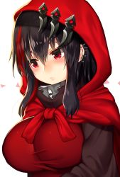 Rule 34 | 1girl, black hair, blush, breasts, closed mouth, hood, hood up, large breasts, looking away, mofuaki, multicolored hair, original, red eyes, red hair, short hair, solo, upper body