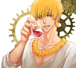 Rule 34 | 1boy, alcohol, bad id, bad pixiv id, bracelet, casual, cup, drawr, drinking glass, fate/zero, fate (series), gears, gilgamesh (fate), jewelry, male focus, necklace, oekaki, official alternate costume, onegingek, red eyes, short hair, sitting, solo, wine, wine glass