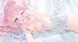 Rule 34 | 1girl, angel wings, blue archive, blush, breasts, cleavage, collarbone, dress, feathered wings, hair bun, halo, large breasts, long hair, looking at viewer, mika (blue archive), one eye closed, open mouth, pink hair, pink halo, shaffelli, single side bun, smile, solo, white dress, white wings, wings, yellow eyes