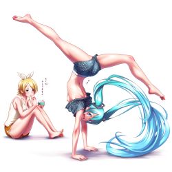 Rule 34 | 2girls, alternate costume, aqua eyes, aqua hair, arms up, ass, barefoot, blonde hair, blue eyes, breasts, clothes lift, collarbone, commentary request, eating, food, hairband, handstand, hatsune miku, highres, ice cream, jitome, kagamine rin, knees up, long hair, looking at another, looking at viewer, multiple girls, nail polish, nipples, no bra, open mouth, polka dot, raised eyebrows, ribs, shirt lift, short hair, short sleeves, shorts, simple background, sitting, sleeveless, small breasts, smile, split, tight clothes, toenail polish, toenails, translated, twintails, upside-down, very long hair, vocaloid, wardrobe malfunction, white background, wokada