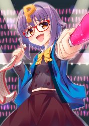 Rule 34 | 10s, 1girl, :d, bad id, bad pixiv id, bespectacled, blush, bow, bowtie, breasts, brown eyes, buttons, cowboy shot, flipped hair, foreshortening, glasses, glowing, glowstick, hair intakes, hair ornament, highres, holding, idol, idolmaster, idolmaster cinderella girls, koshimizu sachiko, lens flare, light stick, lights, long sleeves, looking at viewer, midriff, midriff peek, navel, open mouth, orange eyes, outline, outstretched arm, p-head producer, polka dot, producer (idolmaster), purple hair, red-framed eyewear, ribbon, short hair, skirt, small breasts, smile, solo, spotlight, star (symbol), star print, umihotaru harumare