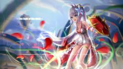 Rule 34 | 00s, 1girl, bangle, blue eyes, bracelet, breasts, cleavage, dress, dungeon and fighter, flower, glowing, glowing sword, glowing weapon, hair flower, hair ornament, high ponytail, jewelry, knight (dungeon and fighter), long hair, ponytail, purple hair, shield, solo, sword, thigh strap, v-neck, wangchuan de quanyan, weapon