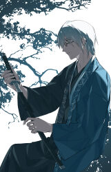 1boy absurdres black-framed_eyewear black_kimono blue_kimono chinese_commentary closed_mouth commentary_request cowboy_shot expressionless glasses grey_hair hair_between_eyes highres holding holding_sheath holding_sword holding_weapon japanese_clothes katana kimono long_sleeves looking_afar male_focus morichika_rinnosuke sheath short_hair solo sword touhou tree two-tone_kimono unsheathing weapon white_background yexinhan