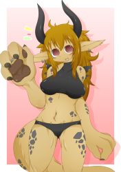 Rule 34 | 1girl, bad id, bad pixiv id, body fur, breasts, cameltoe, commentary request, deta (ishuzoku reviewers), ear piercing, earrings, eyebrows, fang, furry, furry female, highres, horns, ishuzoku reviewers, jewelry, long hair, looking at viewer, navel, open mouth, orange hair, pawpads, piercing, pikup, single horn, solo, translucent, translucent hair