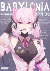 Rule 34 | bare shoulders, dog tags, dress, gloves, highres, idol, liv: lux (punishing: gray raven), liv (punishing: gray raven), looking up, microphone, open clothes, open mouth, open shirt, pink eyes, pink hair, punishing: gray raven, ribbon, short hair, signature, solo, strapless, strapless dress, zhou huan (dgpe2833)
