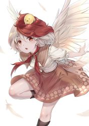 Rule 34 | &gt; &lt;, 1girl, bird, blonde hair, boots, chick, dress, feathers, highres, multicolored hair, niwatari kutaka, oborofu, open mouth, puffy short sleeves, puffy sleeves, red eyes, red hair, shirt, short hair, short sleeves, solo, touhou, two-tone hair, wings