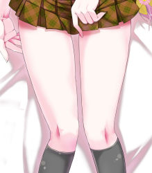 Rule 34 | 1girl, bed sheet, black socks, brown skirt, commentary request, feet out of frame, head out of frame, kneehighs, legs, long hair, lower body, original, pink hair, plaid, plaid skirt, pleated skirt, porurin, skirt, socks, solo, thighs, very long hair