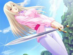 Rule 34 | 1girl, blonde hair, breasts, clothes, eururana (himegoto-ai), female focus, game cg, himegoto-ai, huge breasts, long hair, open mouth, orange eyes, outdoors, princess, sky, solo, standing, sword, weapon