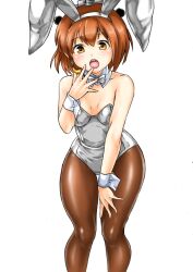 Rule 34 | 1girl, animal ears, bare shoulders, blush, breasts, brown eyes, brown hair, brown pantyhose, covered navel, detached collar, headgear, highleg, highleg leotard, kantai collection, kudou (ooabareteng), leotard, looking at viewer, open mouth, pantyhose, playboy bunny, rabbit ears, short hair, small breasts, smile, solo, strapless, strapless leotard, white leotard, yukikaze (kancolle)