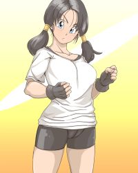 Rule 34 | 1girl, bike shorts, black hair, blue eyes, breasts, closed mouth, commentary request, dragon ball, fingerless gloves, gloves, highres, large breasts, looking at viewer, medium breasts, medium hair, mizukane, shirt, solo, standing, twintails, videl, white shirt