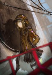 Rule 34 | 1girl, aituoku, bad id, bad pixiv id, blurry, brown eyes, brown hair, cable, depth of field, dutch angle, expressionless, hands in pockets, hat, jacket, long hair, looking away, original, railing, scarf, shadow, sidelocks, solo, star (symbol), twh (artist), wall