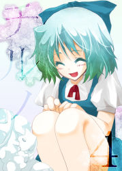Rule 34 | 1girl, bow, cirno, closed eyes, female focus, kneeling, letty whiterock, open mouth, smile, snowman, solo, touhou