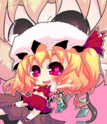 Rule 34 | 1girl, amagiku, ascot, blonde hair, crystal, fang, female focus, flandre scarlet, hat, hat ribbon, heart, heart-shaped pupils, navel, open mouth, puffy sleeves, red eyes, ribbon, short hair, short sleeves, side ponytail, solo, symbol-shaped pupils, touhou, wings