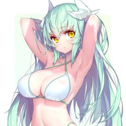 Rule 34 | 1girl, adjusting hair, aqua hair, armpits, arms up, bikini, breasts, cleavage, dragon girl, dragon horns, fate/grand order, fate (series), hong (white spider), horns, kiyohime (fate), large breasts, long hair, looking at viewer, solo, swimsuit, upper body, very long hair, white bikini, yellow eyes