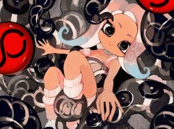 Rule 34 | 1girl, agent 8 (splatoon), arm grab, black eyes, blue hair, bodysuit, boots, choker, closed mouth, expressionless, feet out of frame, grey choker, grey hair, highres, jelleton, kneehighs, leg grab, li04r, long hair, looking at viewer, multicolored hair, nintendo, no nose, octoling, octoling girl, octoling player character, outstretched arm, overlorder (splatoon), pink hair, single bare shoulder, sleeveless, sleeveless bodysuit, socks, splatoon (series), splatoon 3, splatoon 3: side order, strap slip, tentacle hair, tentacles, torso grab, white bodysuit, white footwear, white socks