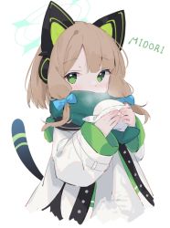 Rule 34 | 1girl, animal ear headphones, animal ears, asymmetrical bangs, baozi, blue archive, blue bow, bow, cat ear headphones, cat tail, character name, covered mouth, eip (pepai), fake animal ears, food, green eyes, green scarf, hair bow, halo, headphones, highres, holding, holding food, jacket, layered clothes, light blush, light brown hair, long sleeves, looking at viewer, medium hair, midori (blue archive), multicolored clothes, multicolored jacket, open clothes, open jacket, parted bangs, scarf, simple background, solo, steam, tail, white background, white jacket, wide sleeves