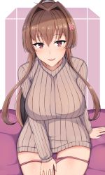 Rule 34 | 1girl, alternate costume, blush, breasts, brown eyes, brown hair, cherry blossoms, chiyo (pk19981234), flower, hair between eyes, hair flower, hair ornament, highres, kantai collection, large breasts, long hair, looking at viewer, open mouth, panties, ponytail, purple panties, ribbed sweater, sitting, smile, solo, sweater, underwear, very long hair, yamato (kancolle)
