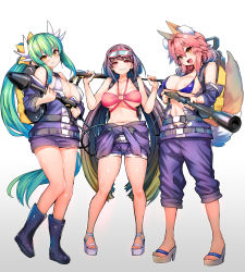 Rule 34 | 3girls, animal ear fluff, animal ears, bare shoulders, bikini, blue bikini, blue jacket, blue shorts, blush, boots, breasts, brown hair, cleavage, clothes around waist, collarbone, dragon horns, fate/extra, fate/grand order, fate (series), fox ears, fox girl, fox tail, ghostbusters, goggles, goggles on head, gradient hair, green hair, highres, horns, jacket, jacket around waist, kiyohime (fate), large breasts, long hair, looking at viewer, multicolored hair, multiple girls, multiple horns, navel, off shoulder, open mouth, osakabehime (fate), osakabehime (swimsuit archer) (fate), osakabehime (swimsuit archer) (first ascension) (fate), parody, pink bikini, ponytail, purple eyes, rubber boots, sandals, shorts, sidelocks, ski goggles, smile, swimsuit, tail, tamamo (fate), tamamo no mae (fate/extra), tamamo no mae (swimsuit lancer) (fate), twintails, very long hair, white bikini, wisespeak, yellow eyes