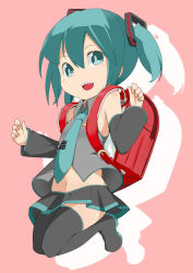 Rule 34 | 1girl, alternate hair length, alternate hairstyle, aqua eyes, aqua hair, backpack, bad id, bad pixiv id, bag, detached sleeves, hatsune miku, jumping, midriff, navel, necktie, open mouth, outline, pink background, randoseru, short hair, short twintails, skirt, smile, solo, tamakorogashi, thighhighs, twintails, vocaloid, aged down, zettai ryouiki