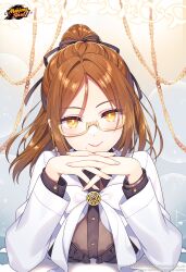 Rule 34 | 1girl, absurdres, brown hair, commentary, copyright name, english commentary, eyelashes, glasses, hair ornament, hair ribbon, happy, highres, long hair, looking at viewer, mahjong soul, mole, official art, orange eyes, ponytail, ribbon, smile, solo, terasaki chihori, yostar