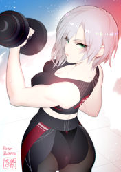 Rule 34 | 1girl, ass, asymmetrical hair, bare arms, bare shoulders, breasts, cleavage, commission, covered erect nipples, cowboy shot, dumbbell, exercising, eyes visible through hair, girls&#039; frontline, green eyes, highres, hino tomoyuki, large breasts, mg5 (girls&#039; frontline), short hair, silver hair, skeb commission, solo, sports bra, sweat, weightlifting
