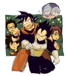 Rule 34 | 2girls, 5boys, :o, puff of air, annoyed, armor, black eyes, black hair, blue eyes, bulma, chi-chi (dragon ball), child, clenched hand, dougi, dragon ball, dragonball z, frown, glasses, gloves, green background, looking at another, looking at viewer, looking away, looking back, multiple boys, multiple girls, neko ni chikyuu, nervous, open mouth, purple hair, short hair, simple background, son gohan, son goku, son goten, speech bubble, spikes, star (symbol), starry background, sweatdrop, tama (dragon ball), trunks (dragon ball), vegeta, white background, wristband