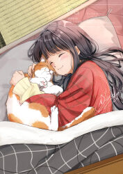 1girl animal animal_hug black_hair blush cat closed_eyes closed_mouth commentary_request from_above hanten_(clothes) highres indoors kotatsu long_hair long_sleeves lying on_side original pillow signature smile solo soragane_(banisinngurei) table tatami under_kotatsu under_table upper_body