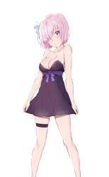 Rule 34 | 1girl, alternate costume, bad id, bad pixiv id, bare arms, bare shoulders, blush, bow, breasts, butterfly hair ornament, cleavage, closed mouth, collarbone, commentary request, dress, fate/grand order, fate (series), hair ornament, hair over one eye, head tilt, highres, jilu, looking at viewer, mash kyrielight, medium breasts, pink hair, pleated dress, purple bow, purple dress, purple eyes, skindentation, smile, solo, strapless, strapless dress, thigh strap