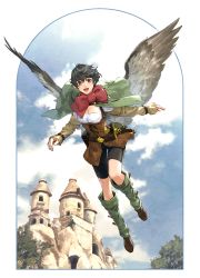 Rule 34 | 1girl, bike shorts, black eyes, black hair, building, capelet, commentary request, fantasy, feathered wings, flying, highres, kneehighs, looking at viewer, pixiv fantasia, pixiv fantasia age of starlight, sankyou, scabbard, sheath, sheathed, short hair, sky, socks, solo, sword, weapon, wings